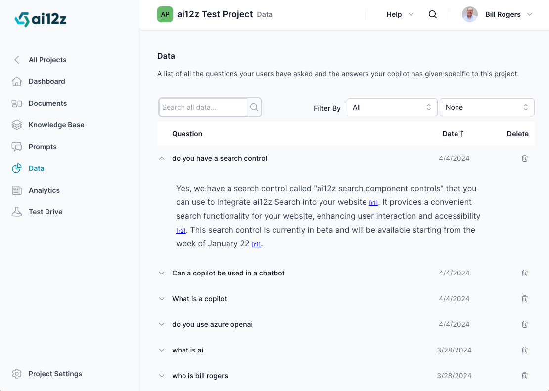 Screenshot of the &#39;ai12z Test Project&#39; data section within a web application. The navigation bar on the left includes options like &#39;All Projects&#39;, &#39;Dashboard&#39;, and &#39;Knowledge Base&#39;, with &#39;Data&#39; currently highlighted. The main content area lists user questions and copilot answers for the project. A visible expanded entry shows a question about a search control and a detailed answer referencing &#39;ai12z search component controls&#39;. Links and beta release information are included. There are collapsed questions about copilots, AI, and specific people. Each entry has a date and a delete icon.