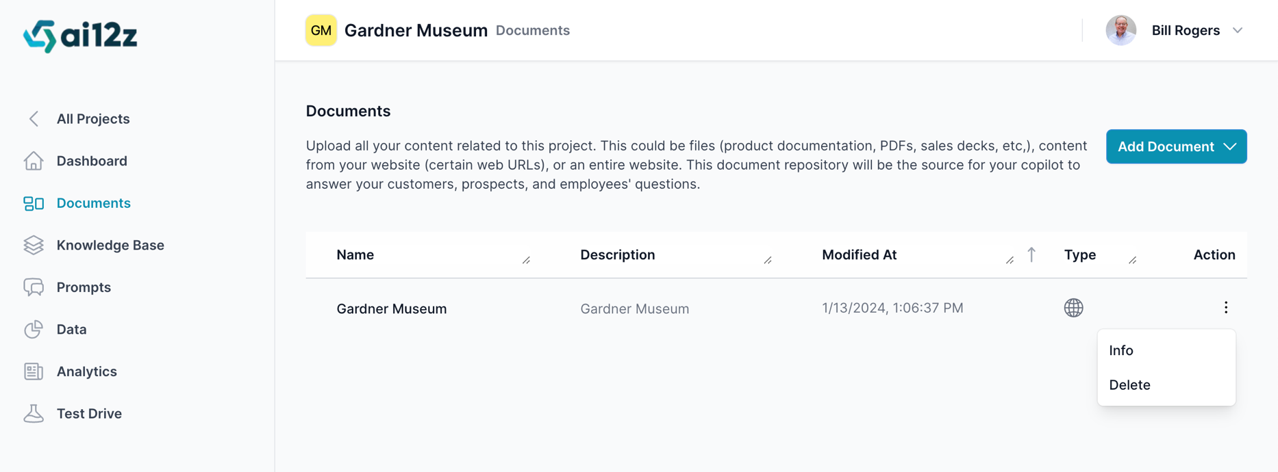 After the first document is added, you will see it listed with details such as its name, description, and when it was last modified. Each document has an Action menu on the right side that allows for further management. such as info, delete, and continue igestion