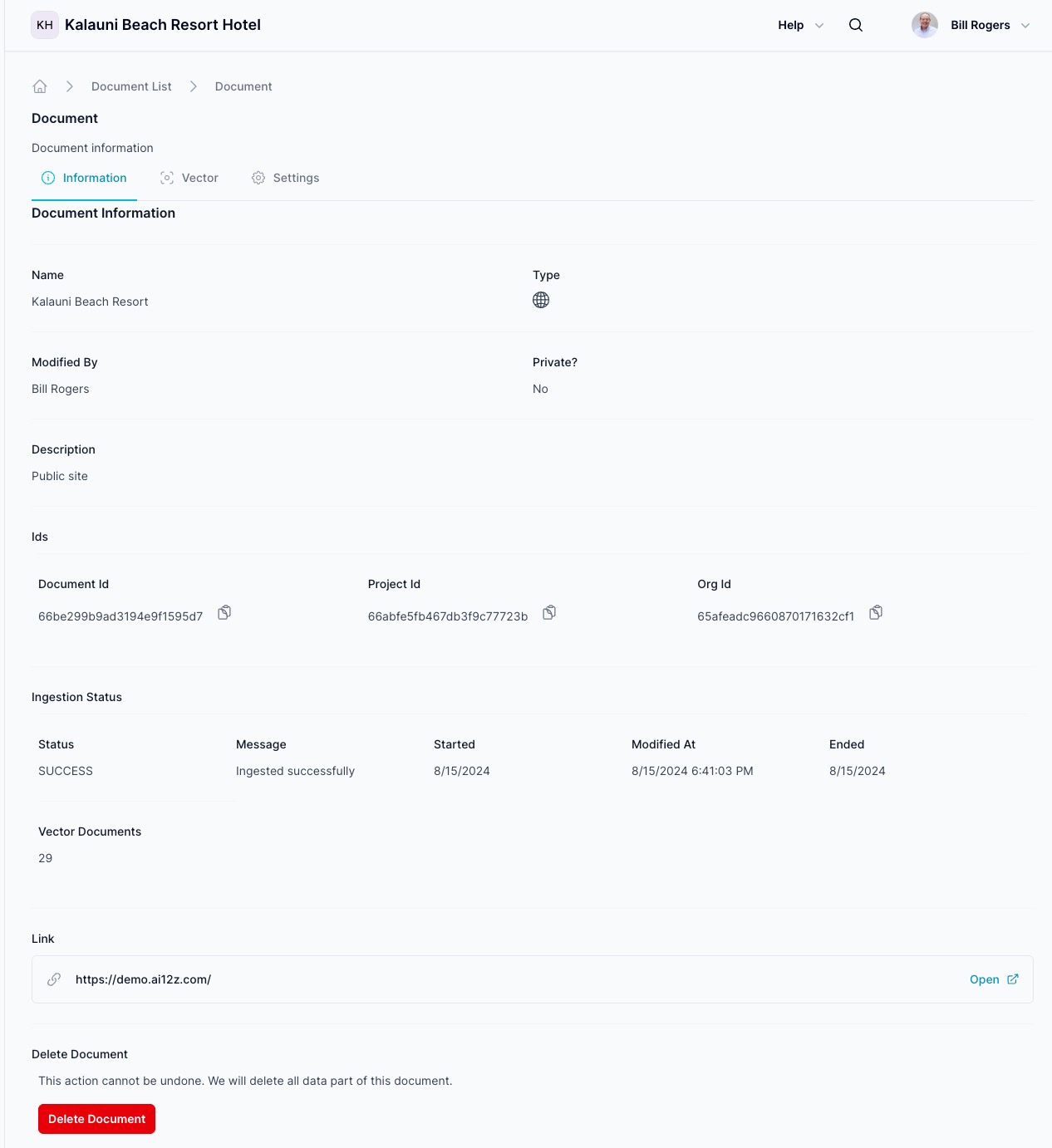 Document status and vector tab UI, showing document info, settings, and processed vector chunks.