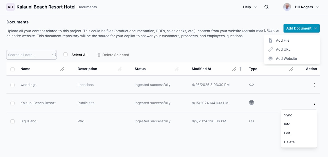 ai12z Documents tab showing options to upload files, add URLs, or ingest entire websites for AI knowledge base.