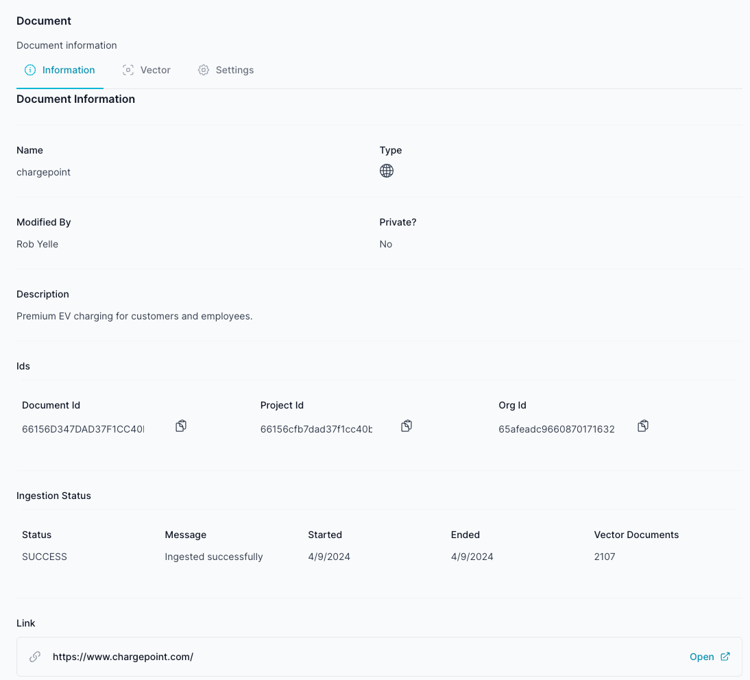 Each web site, document or asset has associated with it &#39;Document Information&#39; that includes a tab for the basic information associated with the document including ids and status.  It includes tabs to navigate to the Vector documents that are created and the Settings.