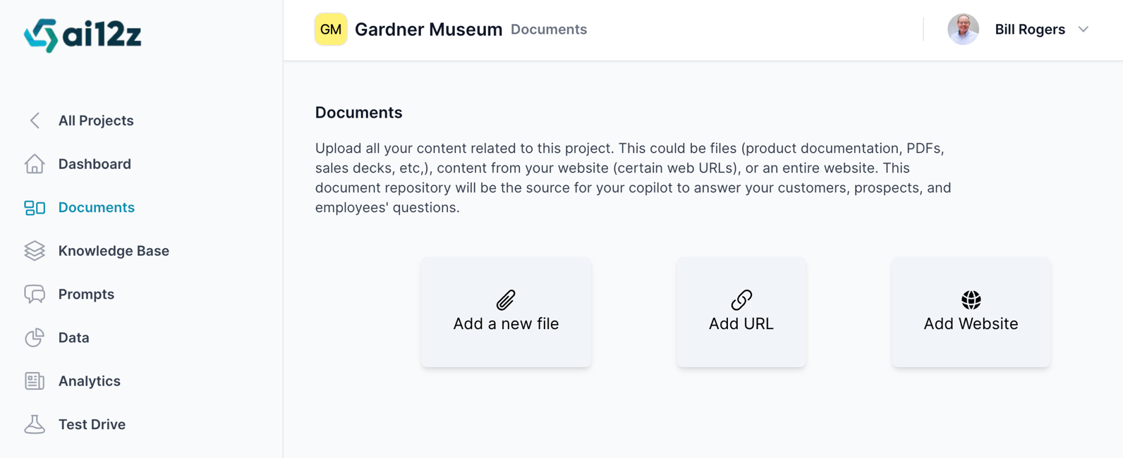 The image features a section of the ai12z interface for ingesting content. It includes options for adding new files, URLs, or an entire website to the project&#39;s document repository, which serves as the data source for an AI assistant to access and provide information. The &quot;Documents&quot; tab is selected in the navigation menu, emphasizing the document management aspect of the interface.