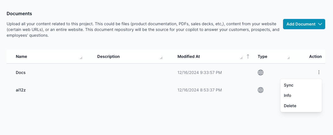 The image features a section of the ai12z interface for ingesting content. It includes options for adding new files, URLs, or an entire website to the project&#39;s document repository, which serves as the data source for an AI assistant to access and provide information. The &quot;Documents&quot; tab is selected in the navigation menu, emphasizing the document management aspect of the interface.