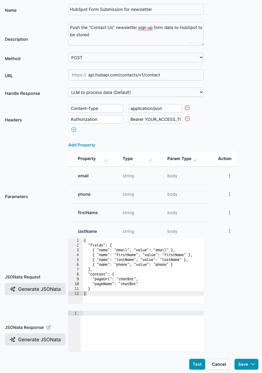 The Edit Agent screen allows you to modify the settings and configuration of an existing custom agent. This includes updating the agent&#39;s name, description, method, URL, headers, parameters, and JSONata expressions for requests and responses.