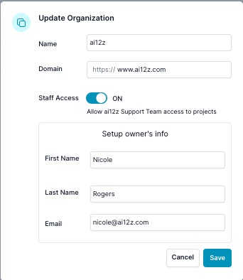Update Organization with Staff Access and owner info