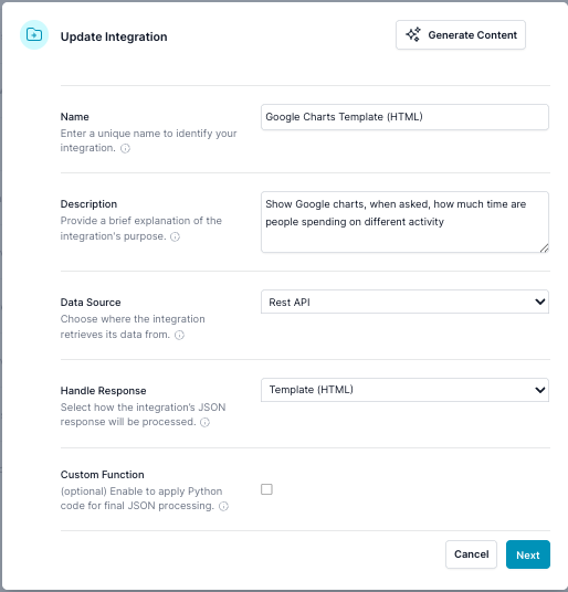 The Edit Property dialog is used to define or modify the core attributes and behaviors of a custom Integration. By specifying a unique name, descriptive purpose, data retrieval methods, response handling, and optional post-processing logic, you can create an Integration that seamlessly integrates with your data sources and delivers meaningful results. fields are Name, Description, Data Source, Handle Response, Custom Function