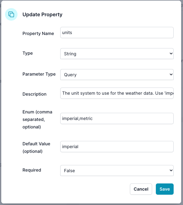 The Add/Edit Property dialog is used to configure properties for the parameters of a custom agent. This dialog allows you to specify details such as the property name, type, parameter type, description, enum values, default value, and whether the property is required.