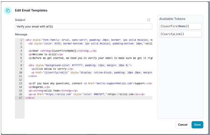 Edit Email Template dialog with tokens