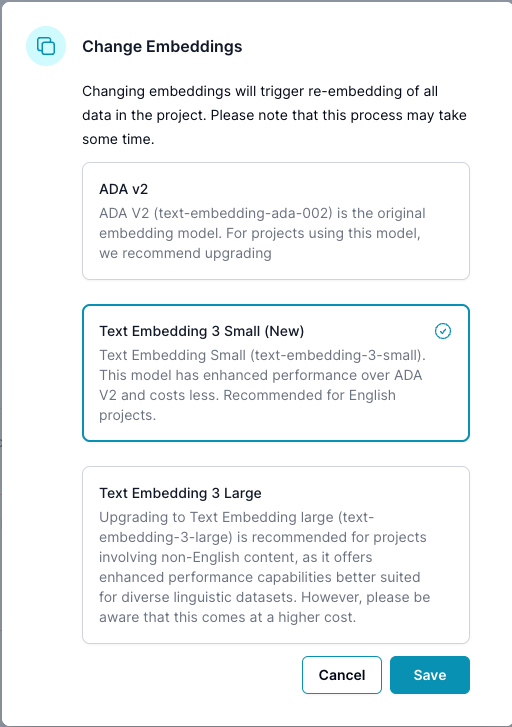 The image shows a software interface for selecting text embedding models, with options for ADA v2, a cost-effective Text Embedding 3 Small (New), and a more capable but expensive Text Embedding 3 Large for non-English content. Users are advised to upgrade from ADA v2 and have buttons to either cancel or save their choice.