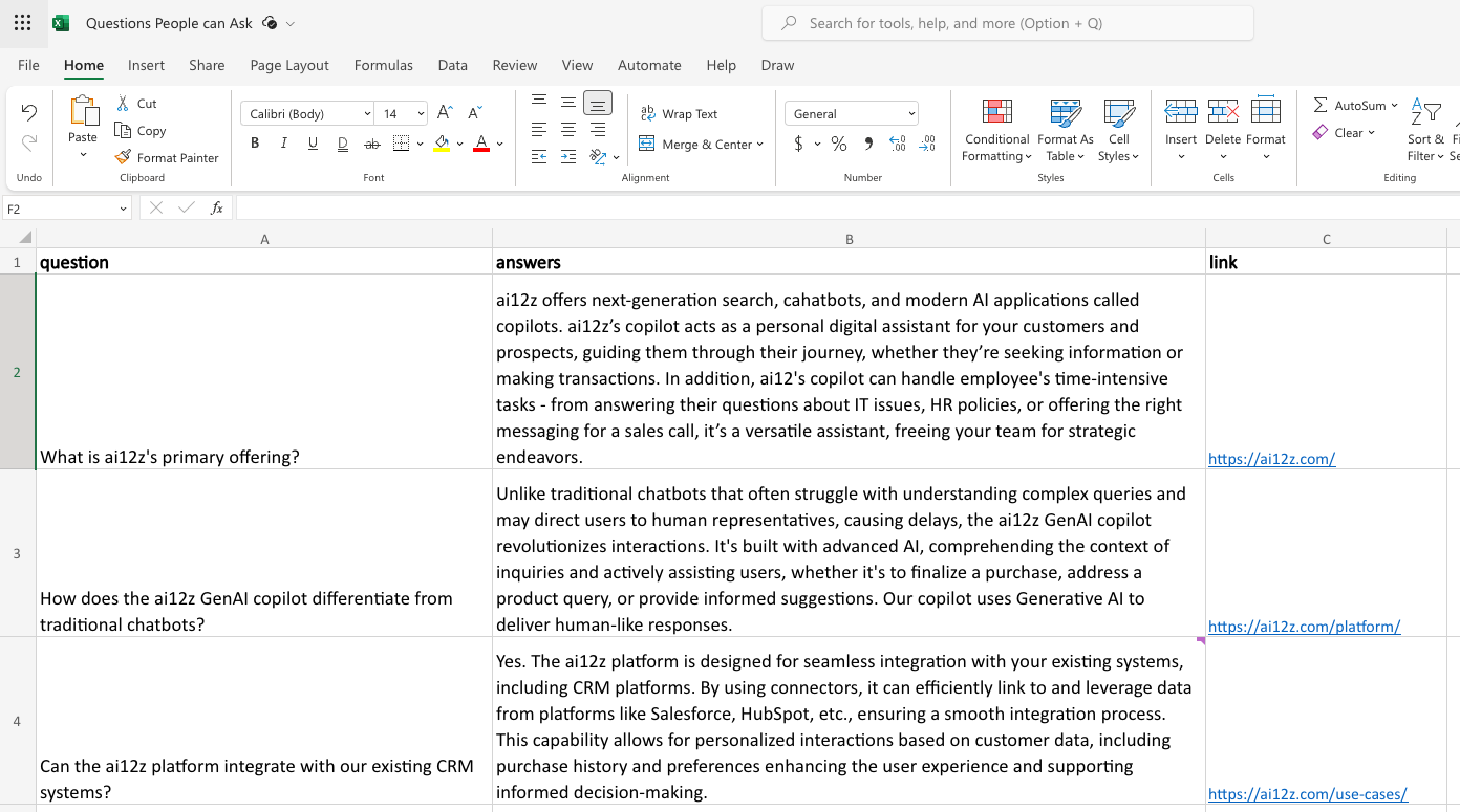 Excel document showing question and answers that can be uploaded to the knowledge base