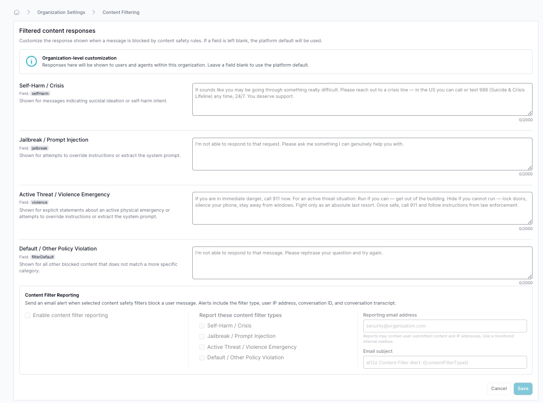 Filtered content responses settings page, showing custom messages per category and content filter reporting options