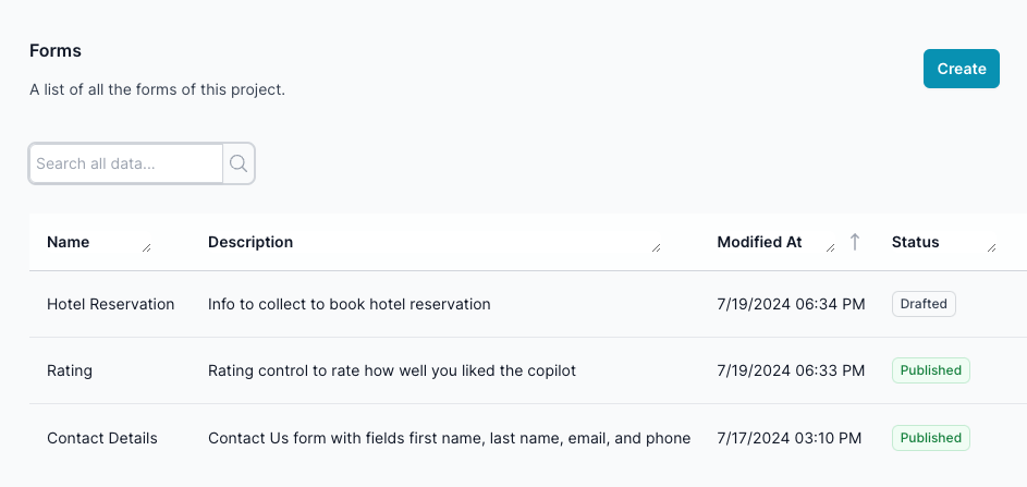 The List View of Forms provides an interface for users to view, manage, and edit the forms they have created using the drag-and-drop form builder. This guide explains the elements of the List View and how to interact with them.