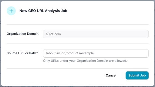 New GEO URL Analysis Job dialog with Organization Domain and Source URL or Path fields