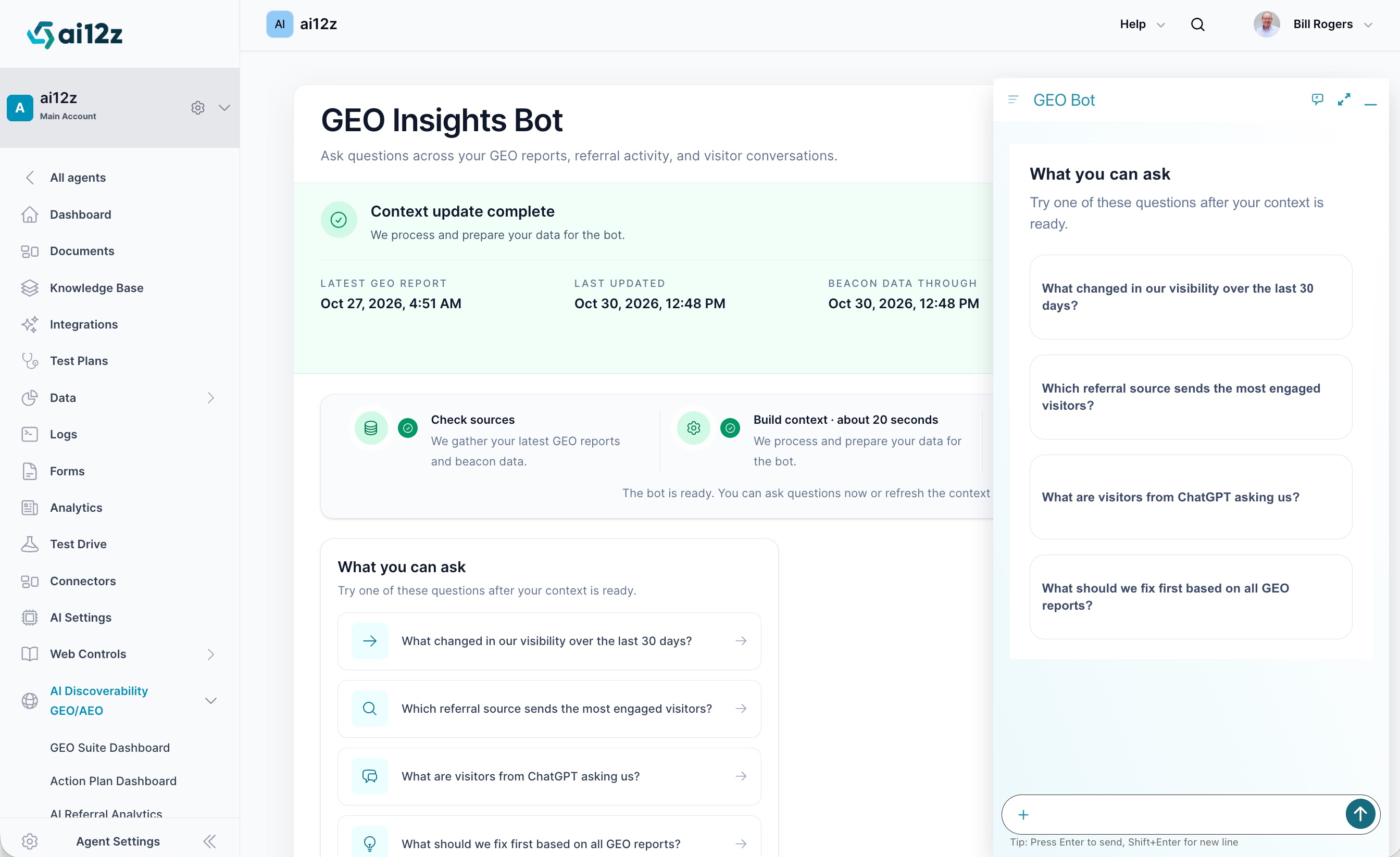 GEO Bot, showing the Context update complete status panel, build-context steps, and a docked chat panel with example questions
