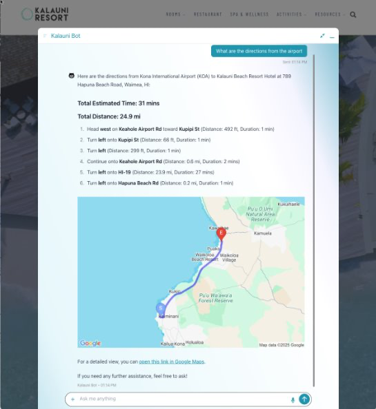 Google Maps showing step by step directions, and a link to open in Google Maps plus the image of the map highlighting the road to drive