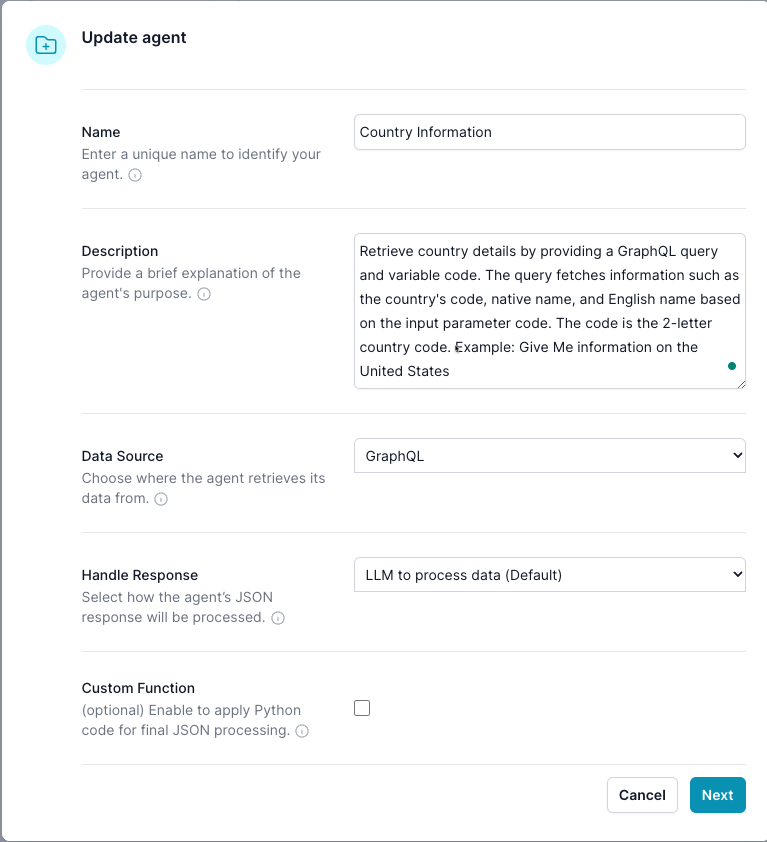 Agent parameters for Data Source GraphQL and LLM