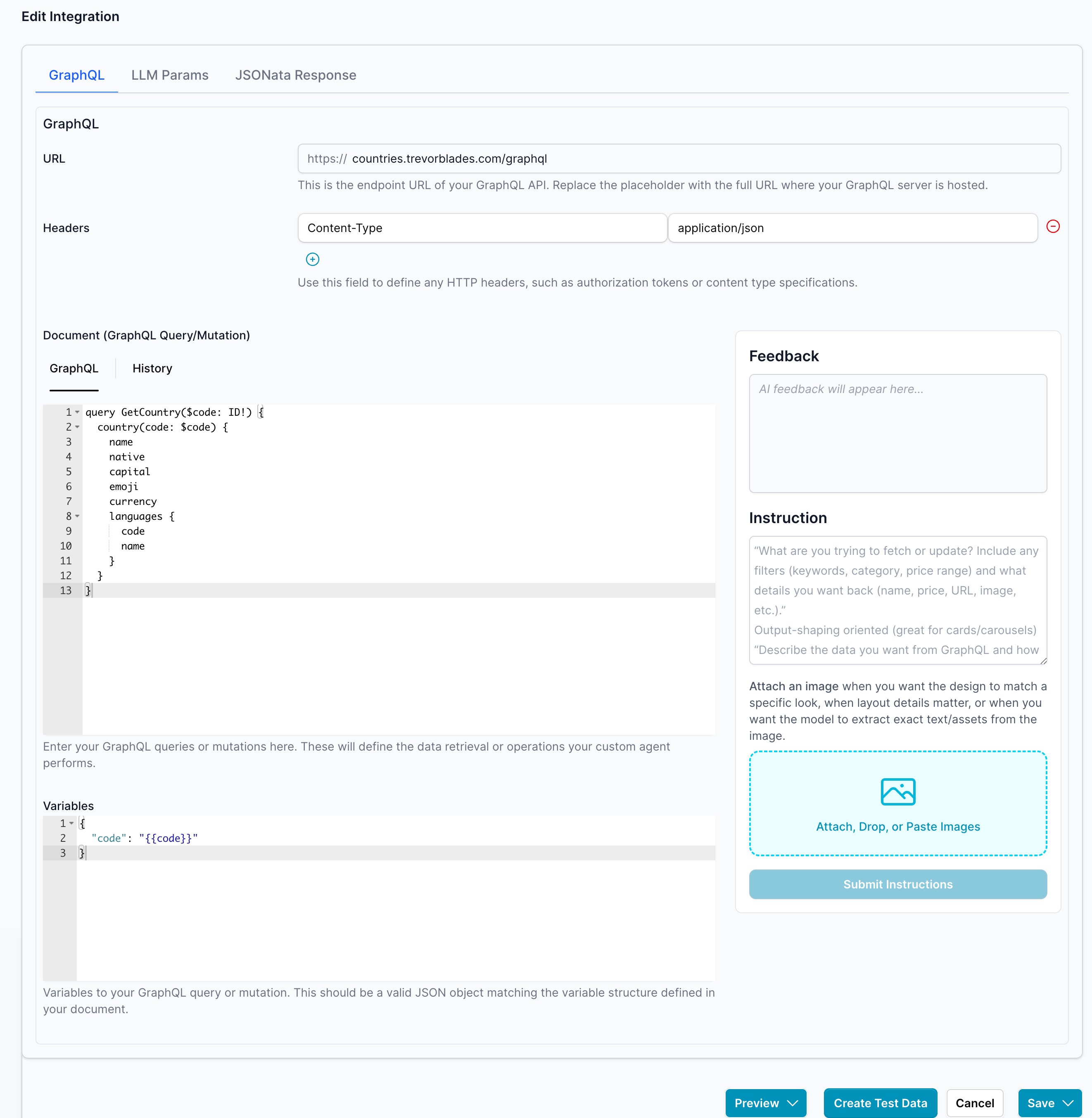 Setup of the GraphQL endpoint and the LLM parameters