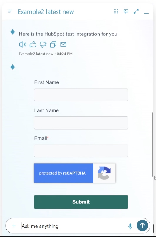 HubSpot form rendered inline inside the ai12z bot conversation
