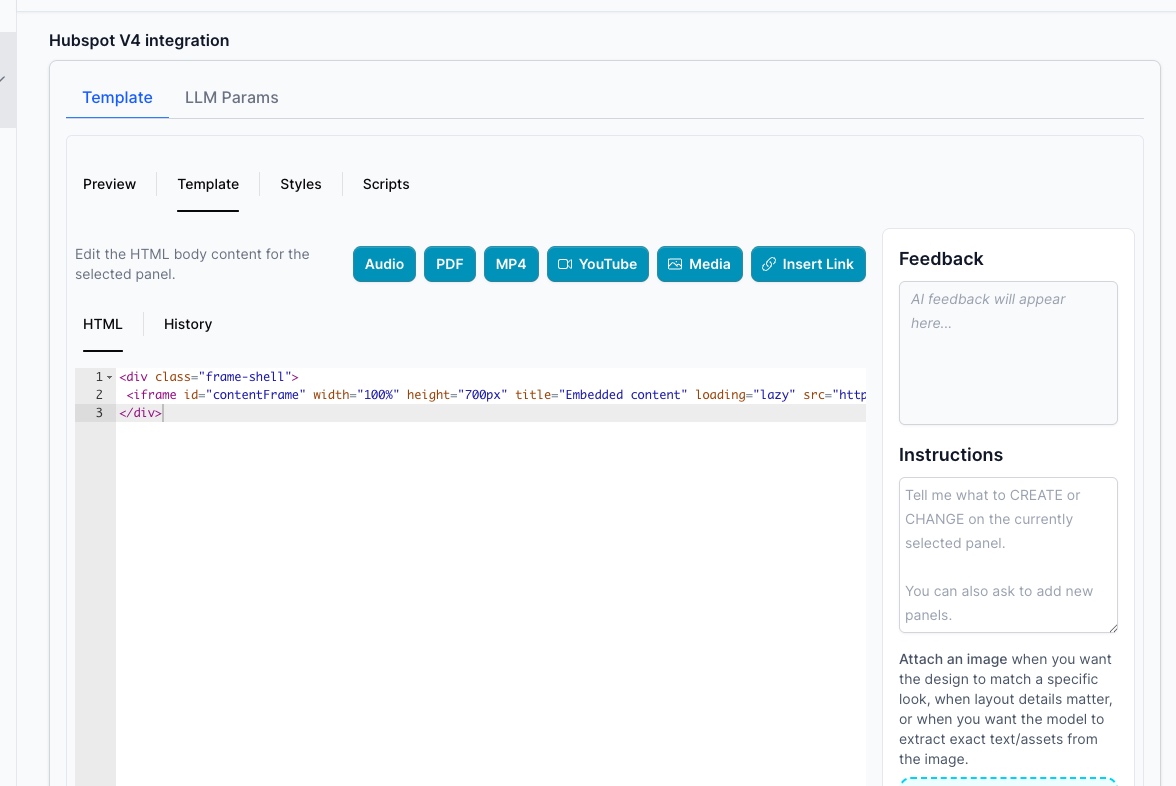 Template tab showing the frame-shell div and iframe pointed at the hosted HubSpot page