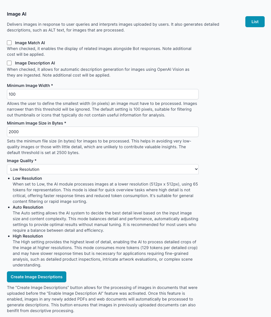 The image shows a user interface for an Image AI feature within a web application. It includes a checked checkbox labeled and guidelines for image selection based on textual relevance, and fields for the system&#39;s response and image data.