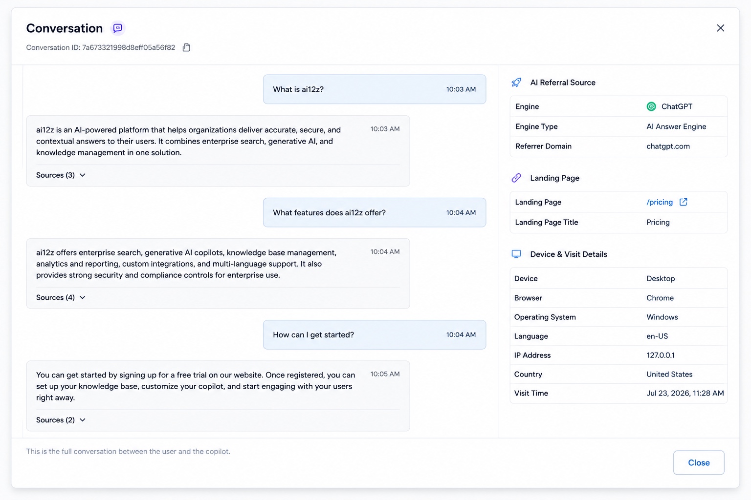 Conversation detail view showing the full transcript alongside AI Referral Source, Landing Page, and Device & Visit Details metadata