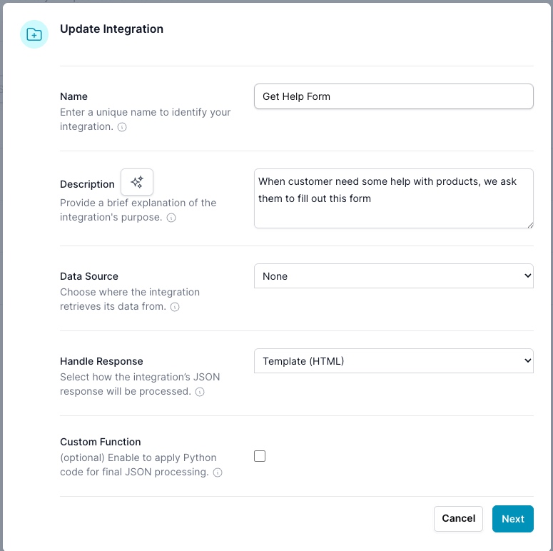 Update Integration properties dialog for the Get Help Form integration
