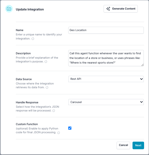 Integration selecting the Data Source, description, Carousel, and Python