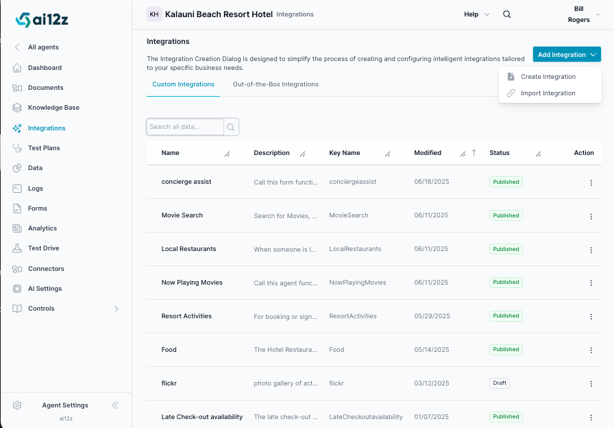 The Custom Integrations screen is designed to simplify the process of creating and configuring intelligent Integrations tailored to your specific business needs. Here, you can view, create, edit, export, and delete your custom Integrations.