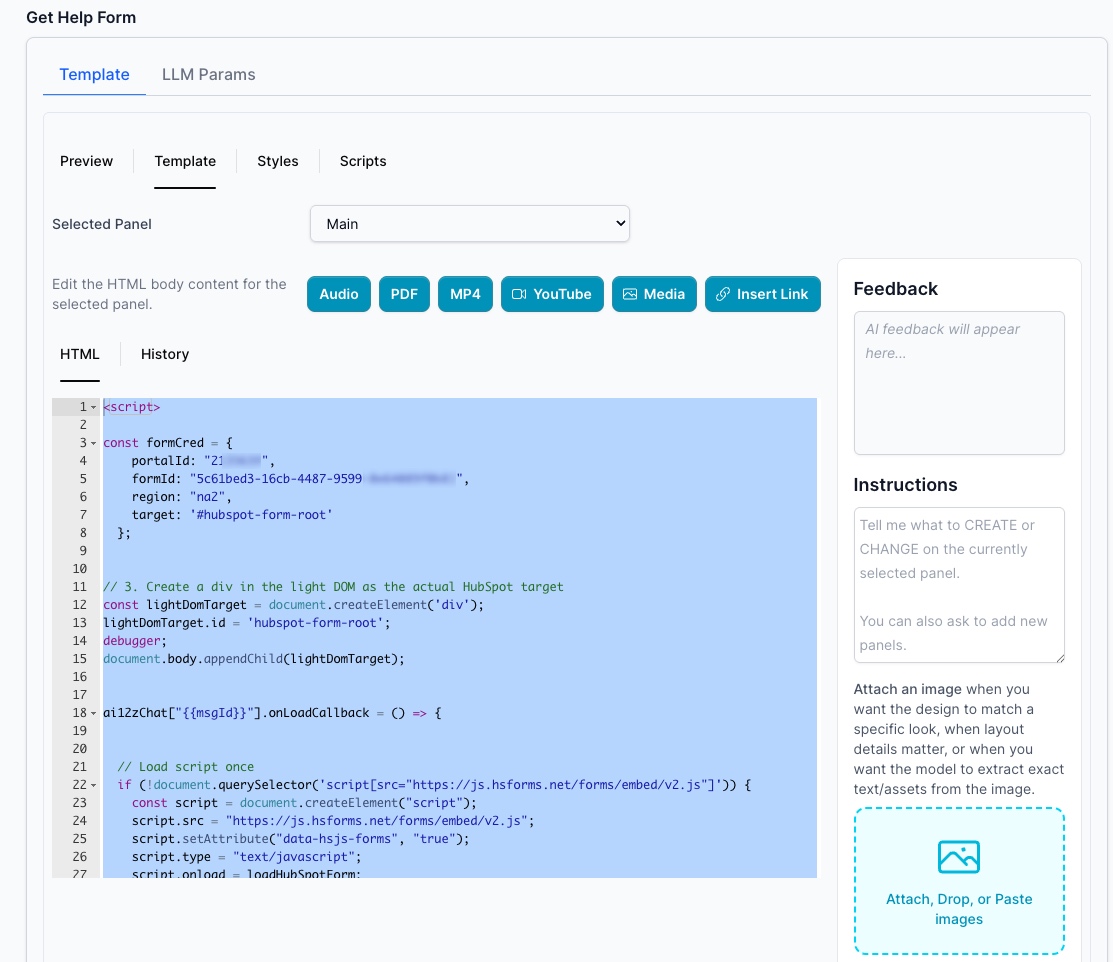 Template tab HTML editor showing the HubSpot embed script, with the AI Instructions panel on the right