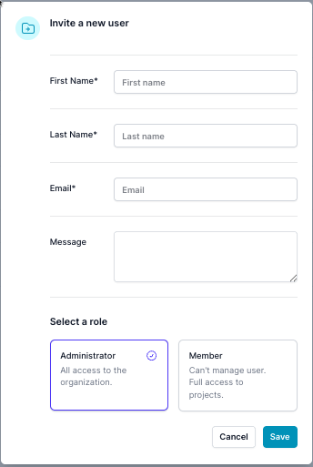 The invite screen has the text boxes for the first and last name, email and message with a save and cancel button, clicking the save button sends the email to the user, the email will contain the verification link