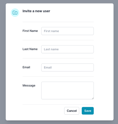 The invite screen has the text boxes for the first and last name, email and message with a save and cancel button, clicking the save button sends the email to the user, the email will contain the verification link