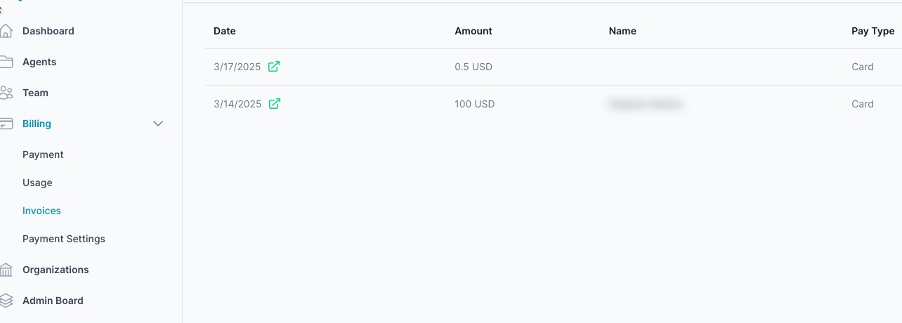 Invoices list for a parent org