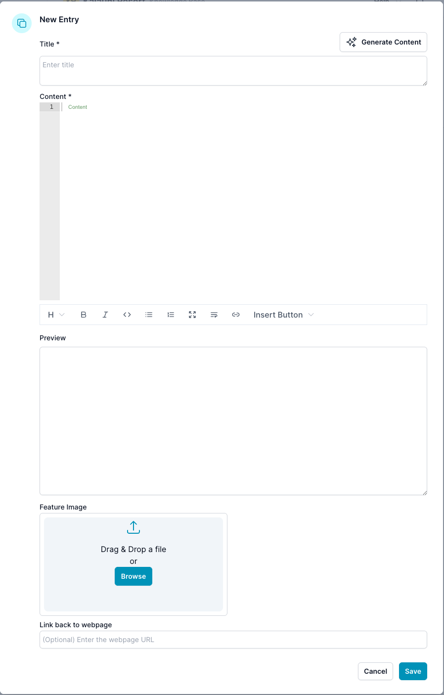 Screenshot of a &#39;New Entry&#39; form within a content management system. The form includes fields for &#39;Title&#39; with an &#39;Auto Generate&#39; option, &#39;Content&#39;, and an optional &#39;Link back to webpage&#39; where a URL can be entered. At the bottom, there are &#39;Cancel&#39; and &#39;Save&#39; buttons.