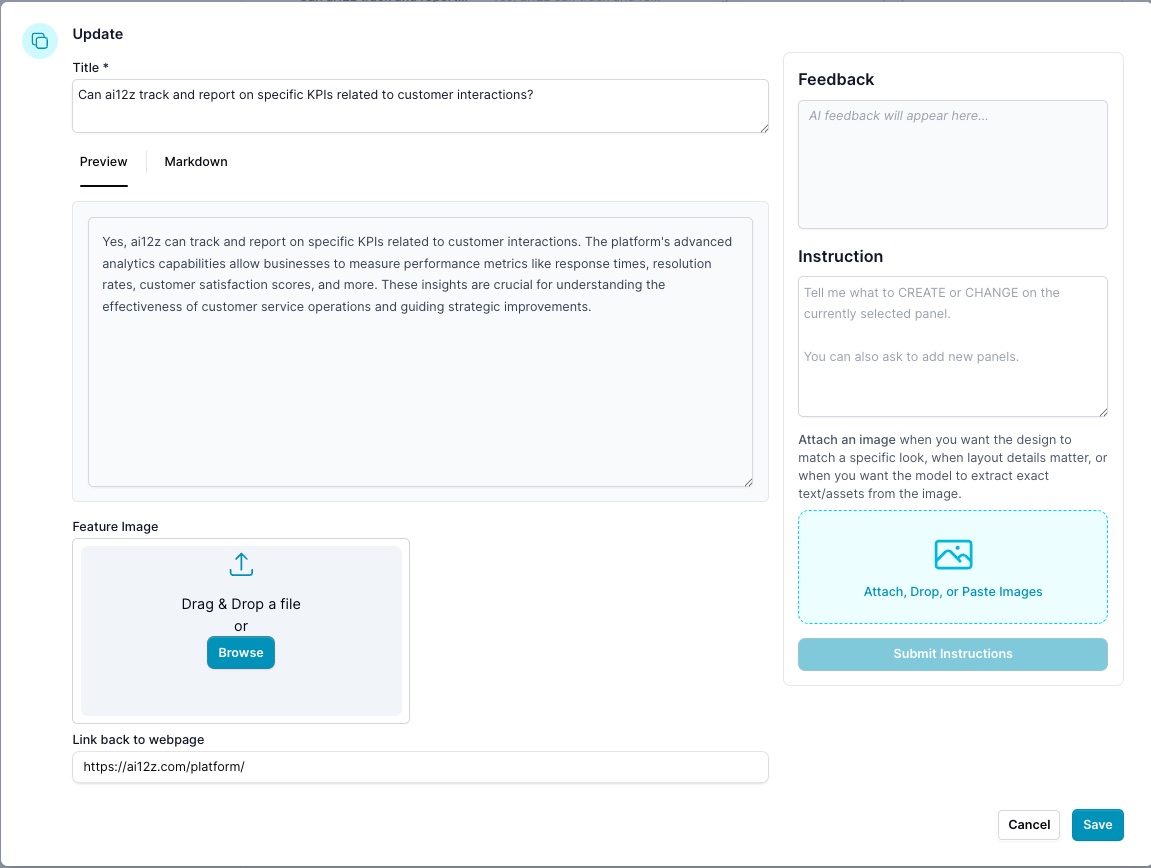 Screenshot of a knowledge base management interface with a navigation bar on the left side and a main content area displaying a table of questions and answers. One entry is visible, showing a question beginning with 'What is an interesting fact about...' and a partially visible answer. The entry includes the name of the person who last modified it and the modification date. A 'Create' button is present in the top right corner.