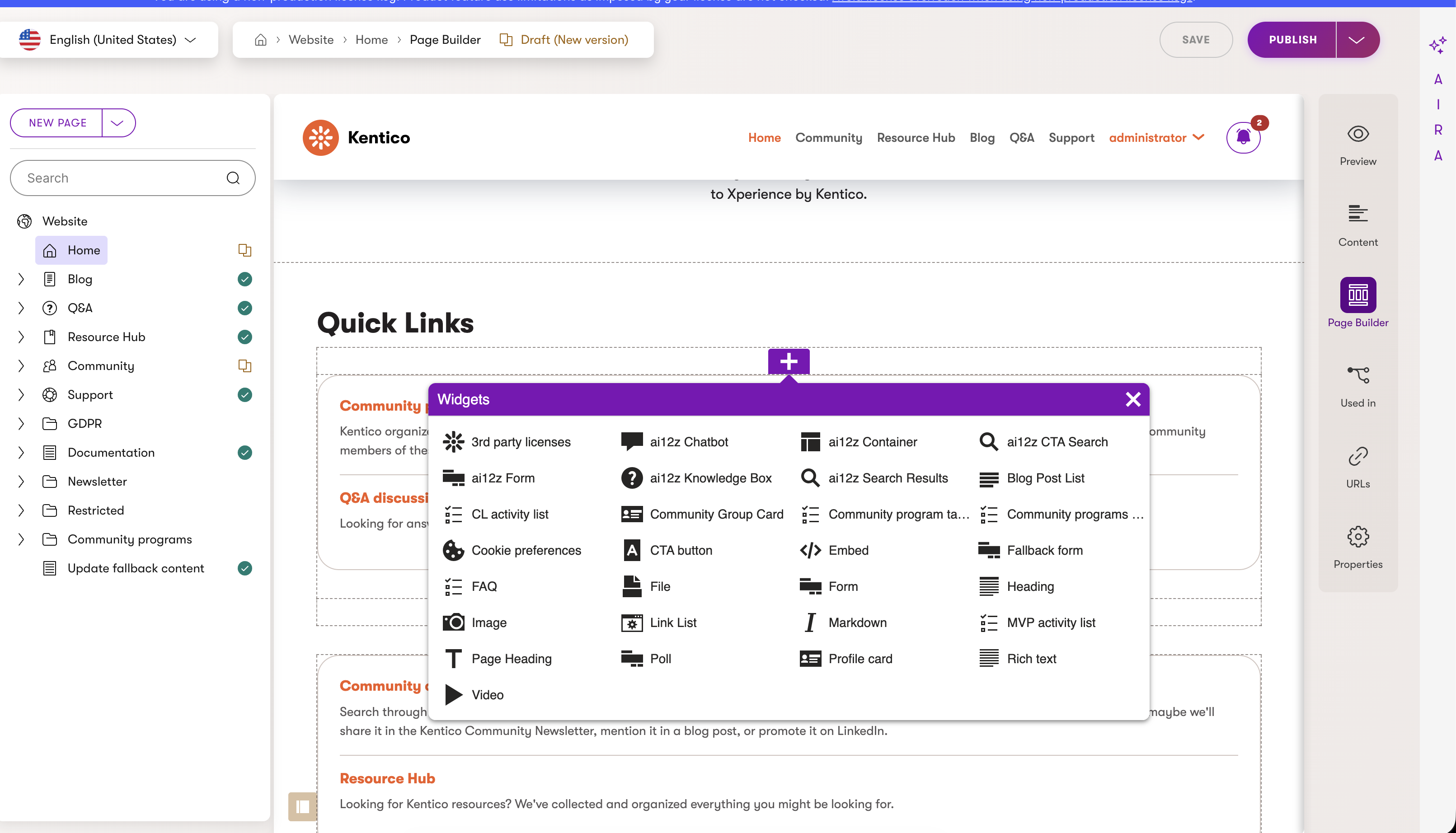 ai12z widgets in the Kentico Page Builder