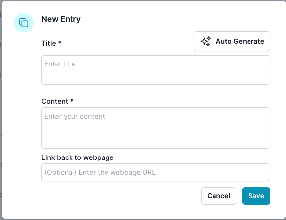 Screenshot of a &#39;New Entry&#39; form within a content management system. The form includes fields for &#39;Title&#39; with an &#39;Auto Generate&#39; option, &#39;Content&#39;, and an optional &#39;Link back to webpage&#39; where a URL can be entered. At the bottom, there are &#39;Cancel&#39; and &#39;Save&#39; buttons.