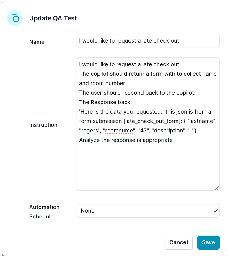 Update QA Test dialog