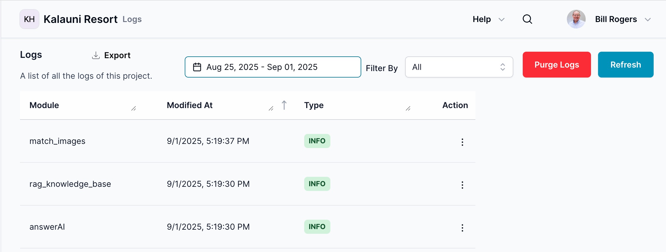 Enhanced logs interface with date range picker, export functionality, and advanced filtering
