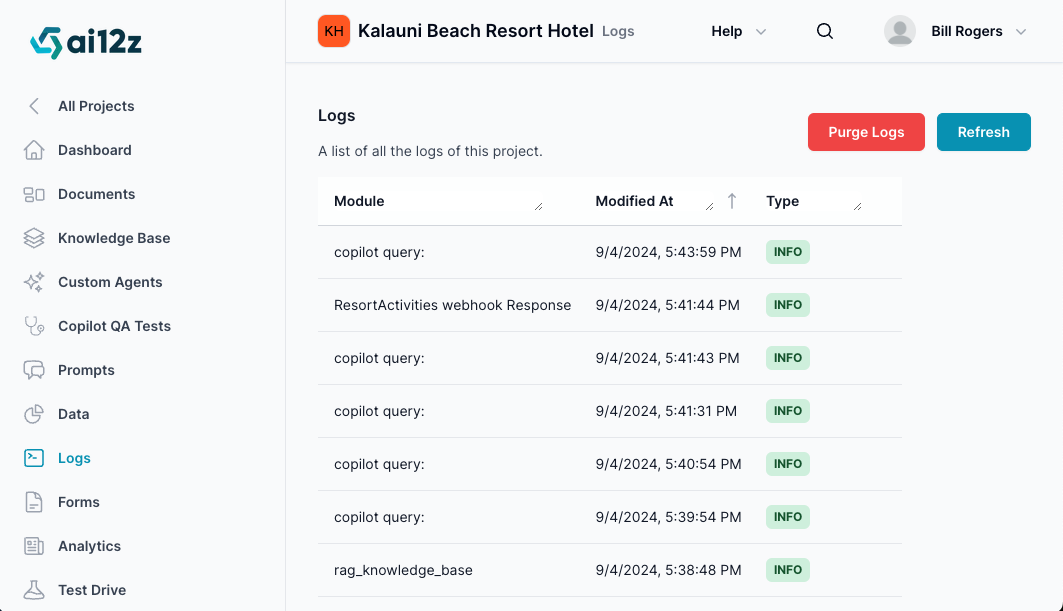 Showing the log entry, that help debug what is happening. Each log entry in the table can be clicked to view detailed information. Clicking on a log item will open a detailed view showing more specifics about the log entr, showing the tim, and module, and if is just info or an error