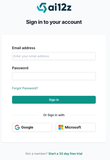 Logging into the ai12z portal, with email and password, or sign in with Google and Microsoft