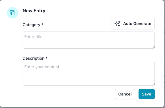 The image shows a &#39;New Entry&#39; dialog box for manual category creation on a content management platform. Users are prompted to enter a title for the &#39;Category&#39; and a &#39;Description&#39; for the new category they are creating. There is an &#39;Auto Generate&#39; option next to the category title field, suggesting that the platform can automatically create a description if needed. Below the text input fields, there are &#39;Cancel&#39; and &#39;Save&#39; buttons to discard or save the new category.