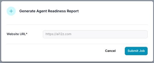 Generate Agent Readiness Report modal with a single Website URL field