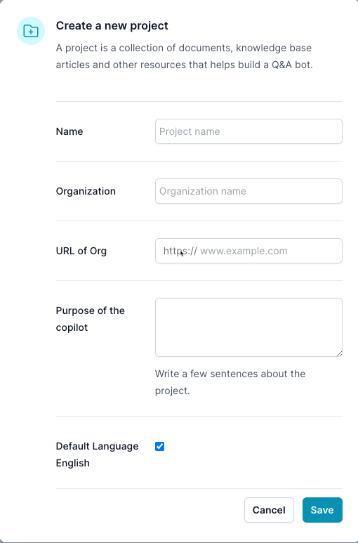 Dialog to Create a New Project, text fields name, organization, url of organization, purpose of the copilot