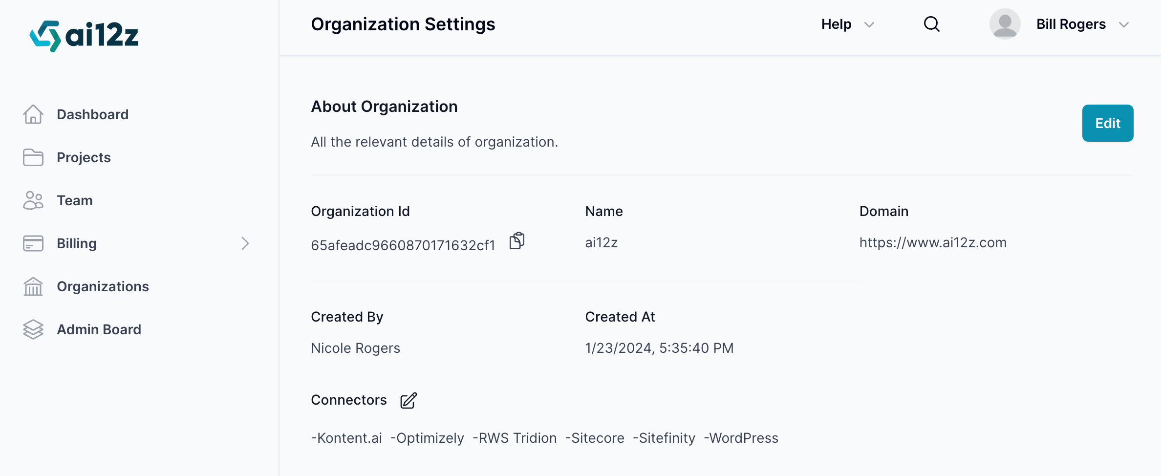 Organization settings screen displaying the &#39;About Organization&#39; section with the organization&#39;s name, domain, creator, and creation date. An &#39;Edit&#39; button is visible, allowing modifications to these details.