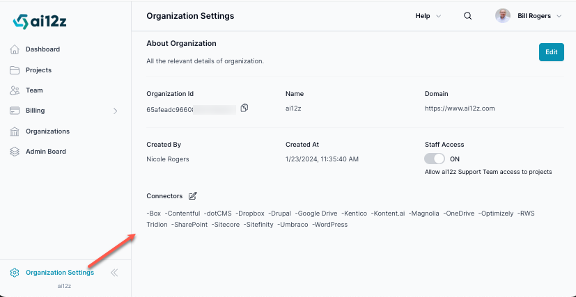 Organization settings screen displaying the &#39;About Organization&#39; section with the organization&#39;s name, domain, creator, and creation date. An &#39;Edit&#39; button is visible, allowing modifications to these details.