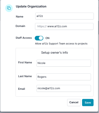 Window for updating organizational details on the ai12z platform. The &#39;About Organization&#39; section is visible in the background, showing the organization&#39;s name, domain, creator, and creation date. In the foreground, the &#39;Update Organization&#39; window has fields pre-filled with the name, type &#39;Partner&#39;, and domain, with &#39;Cancel&#39; and &#39;Save&#39; buttons below, ready for editing. An &#39;Edit&#39; button on the background page suggests this pop-up window was triggered for modification purposes.