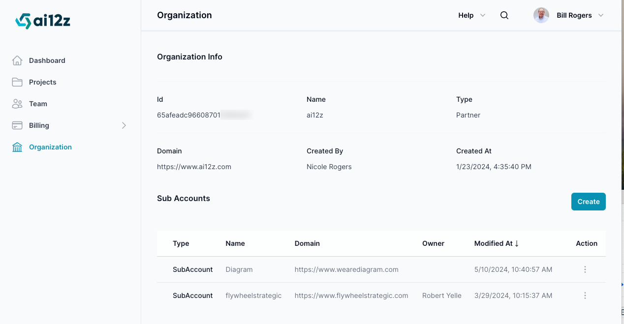 the Organization Info, including ID, Name, Type (Partner), Domain, Created By (Nicole Rogers), and Created At (timestamp). Below this, there is a Sub Accounts section listing sub-accounts with details such as Type, Name, Domain, Owner, Modified At date, and an Action menu. A &quot;Create&quot; button is available for adding new sub-accounts. The user interface is clean and well-organized, with clear headings and structured information.