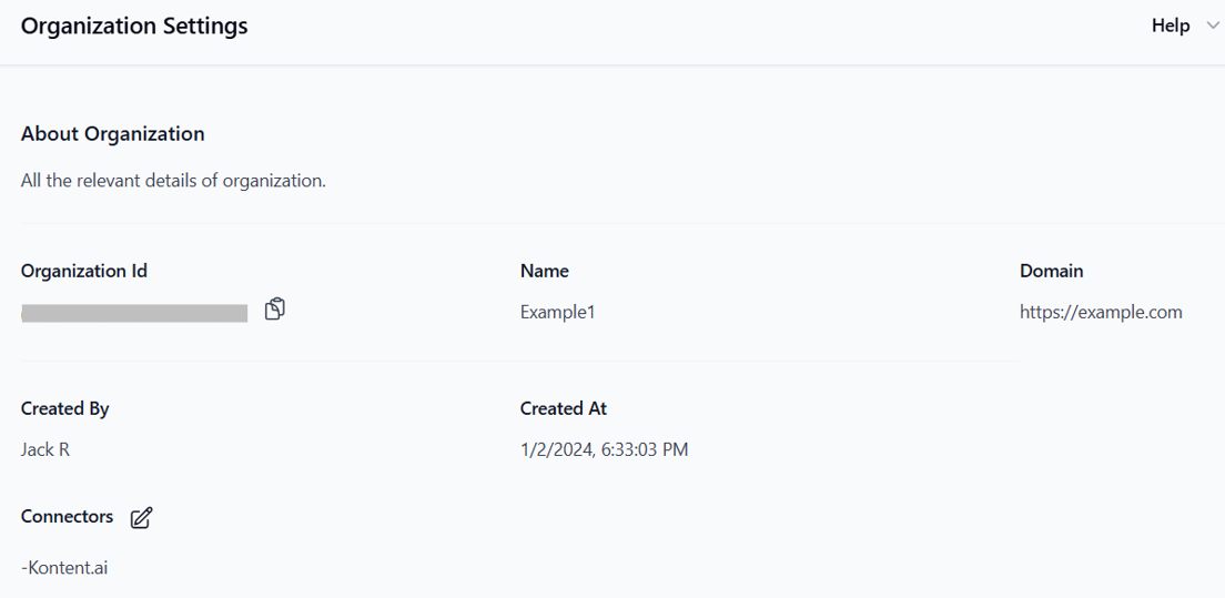 Organization settings screen showing enabled connectors