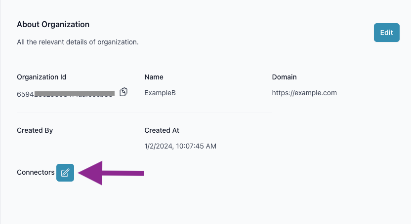 Organization settings screen showing enabled connectors