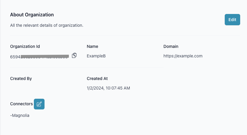 Organization settings screen showing enabled connectors